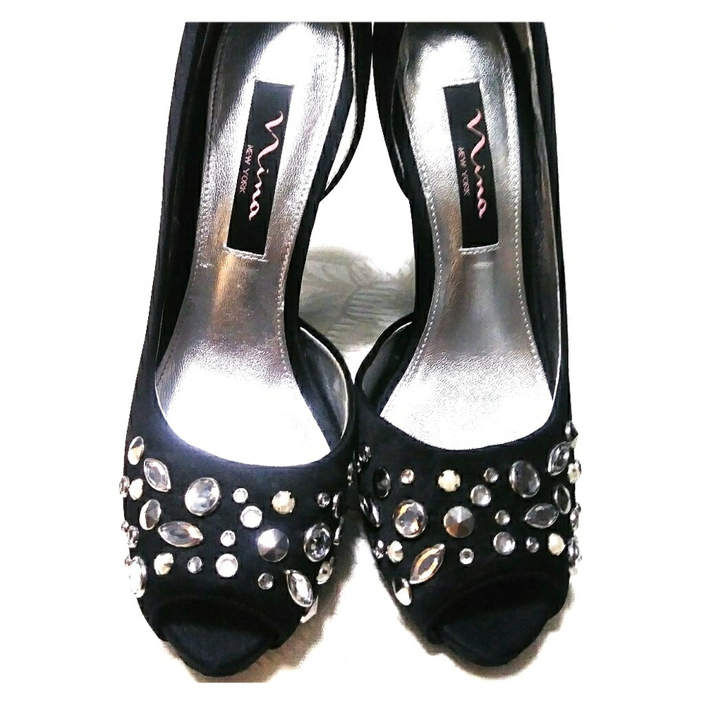 Nina black Satin Embellished Pumps Heels